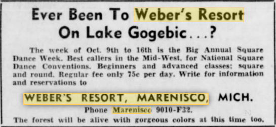 Weber Resort (Webers Resort, Gogebic Lodge) - 1955 Ad (newer photo)